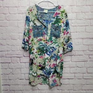Figueroa & Flower Crepe Floral Tunic Top Size XL 3/4 Sleeve Pockets Boho Flowy - Picture 1 of 8