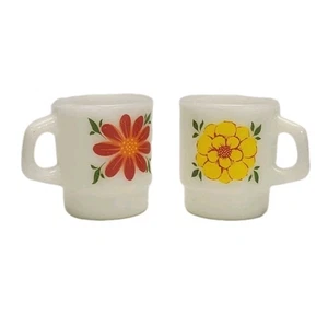 Fire King Mugs Cups Yellow Red Flower 3.5" Anchor Hocking USA Set of 2 VTG - Picture 1 of 15