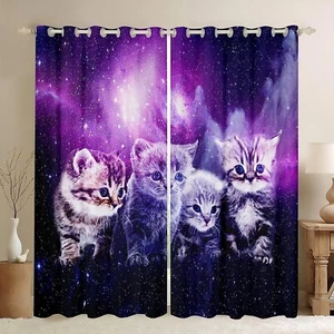 Cat Window Drapes Cute Pet Cats Curtains Outer Space Kawaii Kitten Window Cur... - Picture 1 of 8