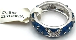 SilverTone W/Blue Enamel CZ X Cross Eternity Band Ring Size 6.75 Vintage #RB8 - Picture 1 of 7