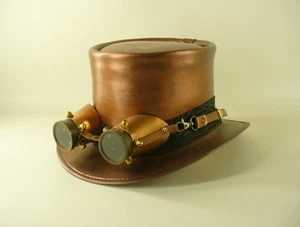 COPPER COLOUR LEATHER STEAMPUNK HAT WITH COPPER AND BRASS AVIATOR GOGGLES - Picture 1 of 4