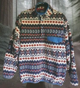 Patagonia Synchilla Fleece Men's Medium Cliff Underwater Blue Aztec Snap Buttons - Picture 1 of 6