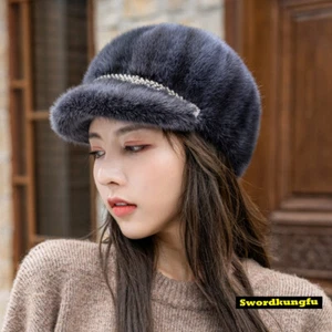 Damen Winter Pelzmütze 100% Echt Nerz Pelz Rittermütze Pelzmütze mit Krempe - Bild 1 von 15