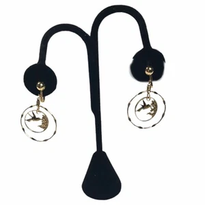 Vintage Hummingbird Clip-On Earrings Gold Plate Dangle Hoop Signed Republic - Picture 1 of 5