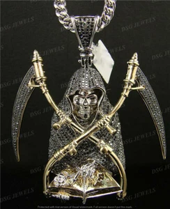 6.50Ct Lab-Created Black Diamond Ghost Grim Reaper Skull Pendant 14k Gold Plated - Picture 1 of 7