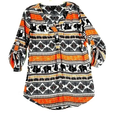 Blusa Rue 21 manga enrollable 3/4 para mujer negra naranja blanca elefante mediana Foto 1 de 4