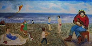 Brighton Beach Original Kunst Gemälde Öl auf Leinwand Beata Ulikowska signiert gerahmt - Bild 1 von 7