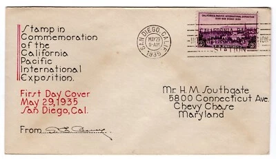 #773 California Pacific Intl Exposition 1935 FDC - A.E. Owen Hand-Drawn P#66 - Image 1 of 2