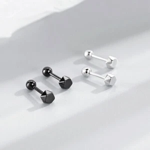 Pendientes de tachuelas posteriores a tornillo de plata esterlina 925 negro hexágono A1798 - Imagen 1 de 16