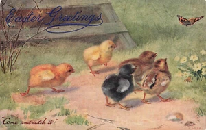 VINTAGE TUCK EASTER POSTCARD CHICKS WITH BUTTERFLY c1910 041025 U - Picture 1 of 2