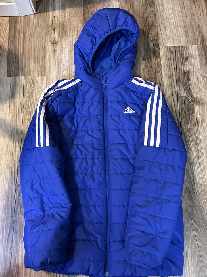 Adidas Jacket Youth 大号 14/16 蓝色连帽松饼外套全拉链 3 条  — 第 1/4 张图片