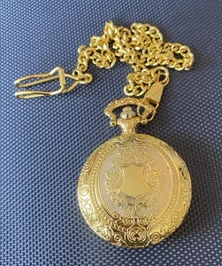 Vintage Style Gold Shield Analog Quartz Pocket Watch New In Gift Pouch US Seller - Picture 1 of 6