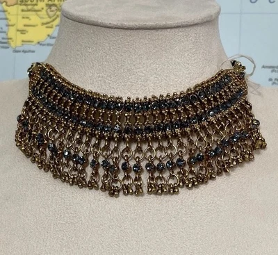 Collar indio joyería cuentas de vidrio azul tono dorado ajustable boda Foto 1 de 2