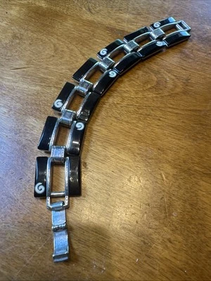 Brighton Silver w/ Black Lucite Bar 7 Link Bracelet 7 1/2" Spiral Ammonite Motif - Image 1 of 4