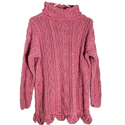 Yarnworks Handknit Cable Knit Oversized Rose Trimmed Turtleneck Sweater Pullover - Image 1 of 4