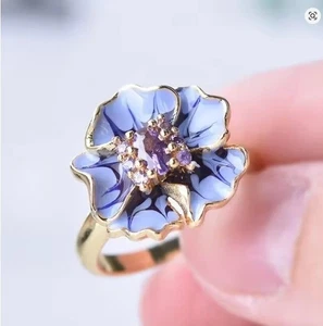 Exquisite Floral Statement Ring – Enamel Pansy & Cubic Zirconia – Size 7, New - Picture 1 of 3