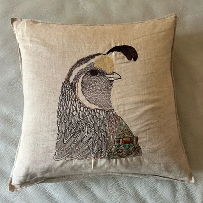 Coral & Tusk Linen Embroidered Quail Bird Pillow W/ Feather Down Insert 16”X 16” - Image 1 of 4