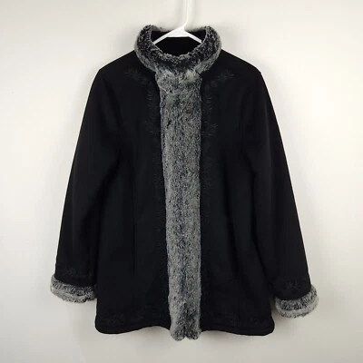 Abrigo LL Bean Mujer Mediano Negro Gris Floral Gamuza Forrado Vellón Imitación Piel Gancho Ojo Foto 1 de 4