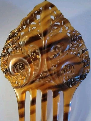 Vintage Spanish Carved Celluloid 5 Prong Mantilla Comb  - Image 1 of 4