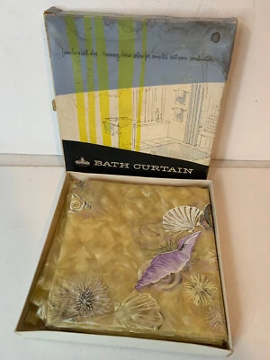 MCM Sears Harmony House Bath Shower Curtain Gold with Purple Sea Shells - Image 1 of 4