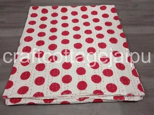 Copriletto matrimoniale rosso a pois Kantha stampa blocco fatto a mano trapuntato cotone - Foto 1 di 14