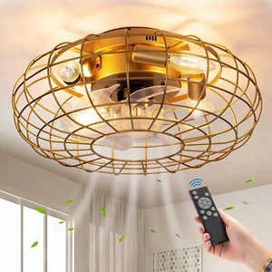 16" Rustic Caged Ceiling Fan Light Farmhouse Chandelier Lamp Fixture with Remote - Picture 1 of 9