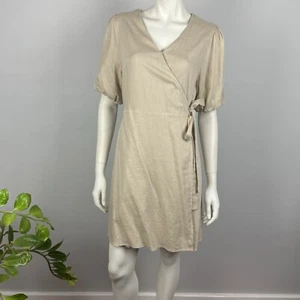 Jeanswest Size 10 Wrap Dress With Ties Short Puff Sleeve Viscose Linen Women - Picture 1 of 14
