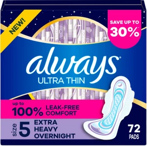 Always Ultra Thin Extra Heavy Overnight Pads with Wings, Size 5, 72 ct. - Picture 1 of 7