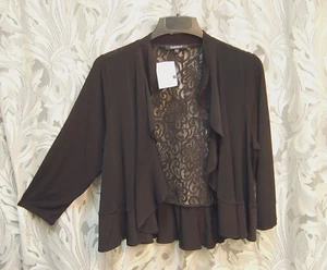 L XL BLACK SLINKY OPEN FRONT LACE BACK RUFFLE GLAMOUR CARDIGAN JACKET SWEATER - Picture 1 of 4