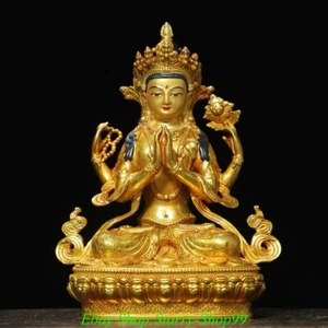8" Old Tibet Bronze Painting Gilt 4 Arms Chenrezig Buddha Avalokiteshvara Statue - Picture 1 of 9
