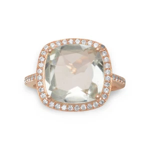 Anillo Prasiolita Amatista Verde Claro con Halo de Circonita Cúbica Chapado en Oro Rosa - Imagen 1 de 3
