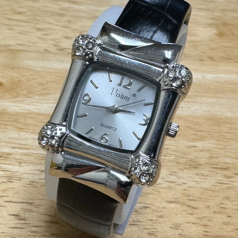 Vivani Quartz Watch Women Silver Square Rhinestone Cuff Bangle Japan New Battery - Image 1 of 4