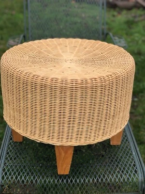 1970s Handwoven Wicker & Bamboo Round Footstool Ottoman - Image 1 of 4
