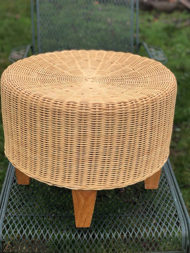 1970s Handwoven Wicker & Bamboo Round Footstool Ottoman - Image 1 of 4