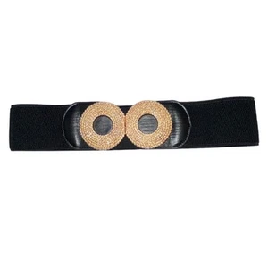 Women's Black Elastic Waist Stretch Vegan Faux Leather Belt Gold Buckle - Picture 1 of 3
