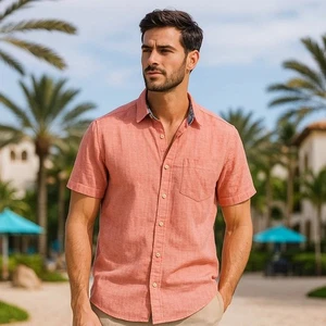 Nautica Linen Blend Men's Collared Button Up Hawaiian Style Vacation Shirt Large - Picture 1 of 9