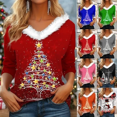 Women's CHRISTMAS Tops Xmas Faux Fur Jumper Shirts Pullover Blouse Plus Size - Image 1 of 4