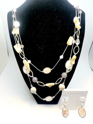Conjunto de brincos e colar de pedra de madrepérola neutra prata Talbots novo com etiquetas - Imagem 1 de 4