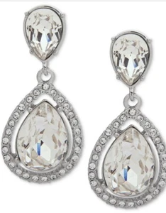 $48 Givenchy Silvertone Clear Crystal Halo Teardrop Double Drop Earrings Z13 - Picture 1 of 7