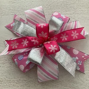 Whimsical Pink & Silver Christmas Wreath Bow, Christmas Tree Bow - Candy Theme - Picture 1 of 5