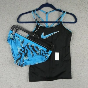 Nike Tankini Swimwear Set Girls Kids Large NESSD728 Spiderback Black Blue NEW - Picture 1 of 11