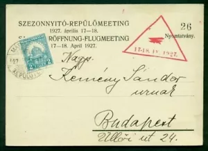 Tarjeta de vuelo especial HÚNGARA 1927 con cancelación de triángulo rojo, sello 2f atado, en muy buen estado - Imagen 1 de 2