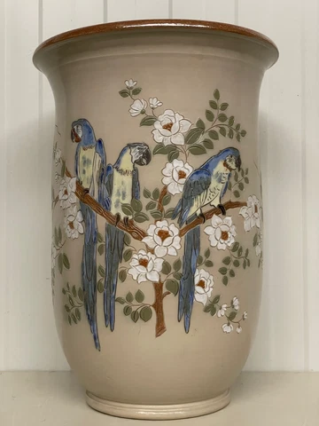 A Large Exceptional French Planter/ flower pot with Parrots - Signed Cover
