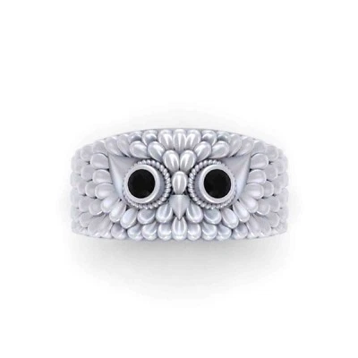 Symbol Of Luck Owl Ring Black Onyx Owl Wedding Band For Mens Owl Ring 925 Silver - Image 1 of 4