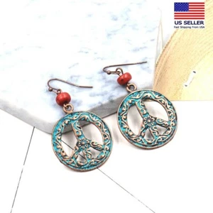 Fashion Women Vintage Bohemian Earrings Aged Bronze Hollow Peace No War 1339 - Picture 1 of 3