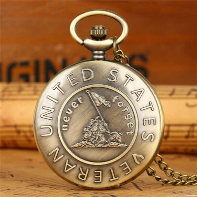 Antique Style U.S. Veteran/Farmer Quartz Pocket Watch Locket Necklace Chain Gift - Image 1 of 4