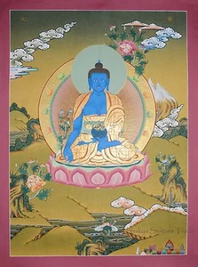 29.5" x 22.5" Medicine Buddha Tibetan Buddhist Thangka Scroll Painting Frm Nepal - Picture 1 of 6