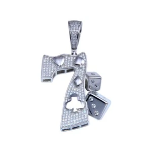 Pendente Hip Hop LUCKY 7 In Argento Sterling Con Pietre CZ Micro Pave - Foto 1 di 3