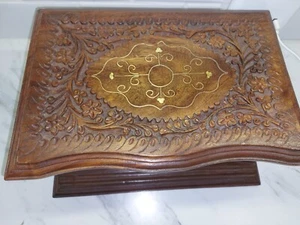 Wooden Hand Carved Floral Jewelry Trinket Box With Insert & 2 Keys 11x8x5 - Picture 1 of 17
