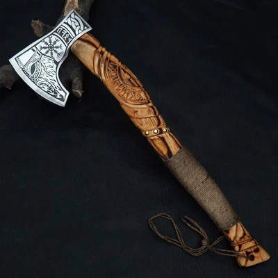 Viking Axe Hand Forged Carbon Steel | Engraved Hatchet |Camping Tool Gift
